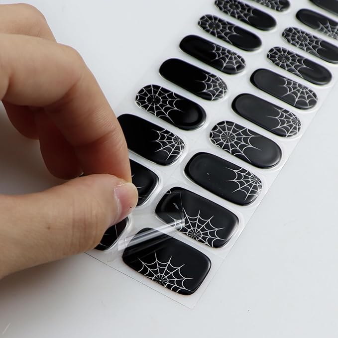 JMEOWIO Semi Cured Gel Nail Strips Halloween Black Gel Nail Stickers Nails Art Design Decoration Accessories