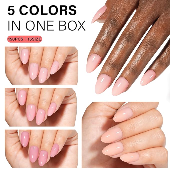 AILLSA RealFit Nude Pink Press On Nails Short Almond - Pre-Shaped 4 in 1 False Nail Tips Set, Long Lasting Nail Extensions for Salon Home DIY Gifts 150 PCS