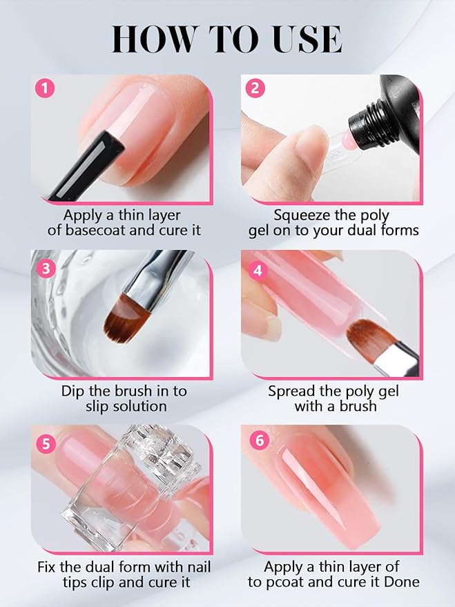 EBANKU Poly Gel Nail Forms Kit - 288PCS Reusable Dual Forms for Builder Gel, Nail Mold Kit with 2.5oz Slip Solution, Brush, File, 5PCS Clips - 12 Shapes