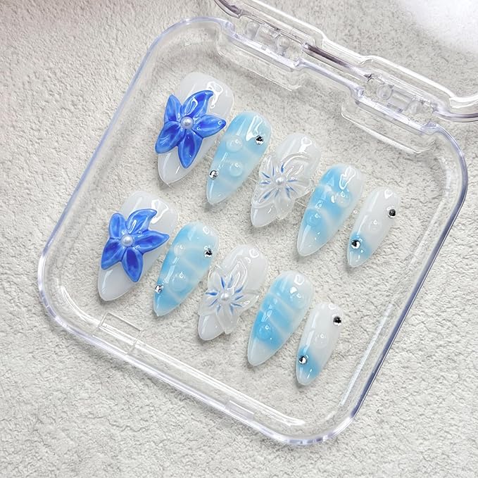 Medium Almond Press on Nails Handmade Nail Thick Fake Nails with Glue,Milky White False Nails with 3D Blue Flower Art Design Rhinestone Nature Acrylic Nails for Wome (Size M)