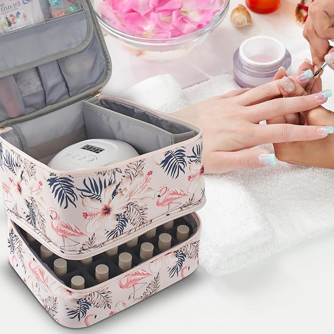 Buruis Double-Layer Nail Polish Organizer Bag, Holds 27 Bottles (15ML/0.5 FL.OZ or Larger), Nail Tools & Dryer Storage Case with Adjustable Dividers (Flamingo)