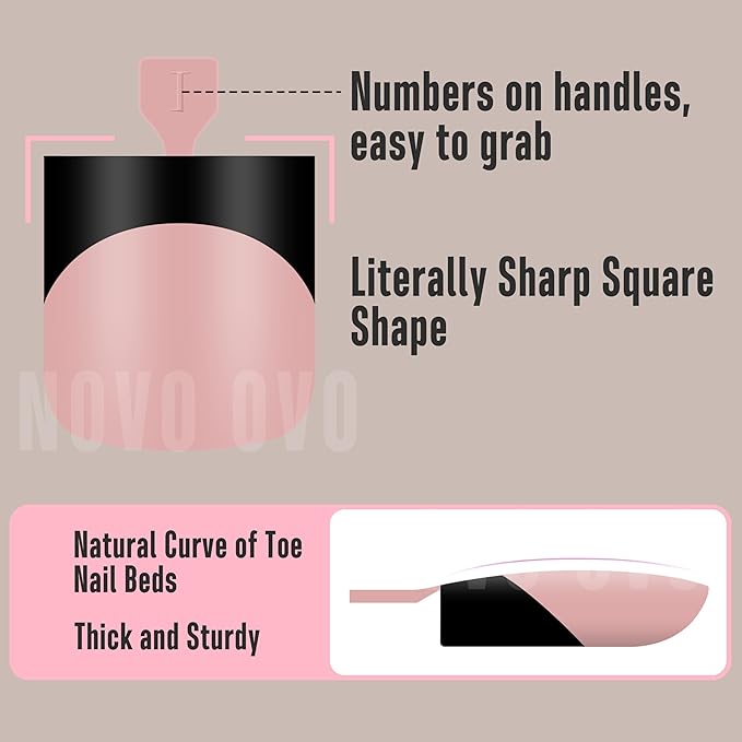 NOVO OVO Halloween Black French Tip Toe Nail Tips Press on, BABY PINK Sharp Square Pre-Designed Soft Gel False Toenail Extension, Medium Wide Fake Toenails, Full Cover Acrylic for DIY 15 Sizes 240 pcs