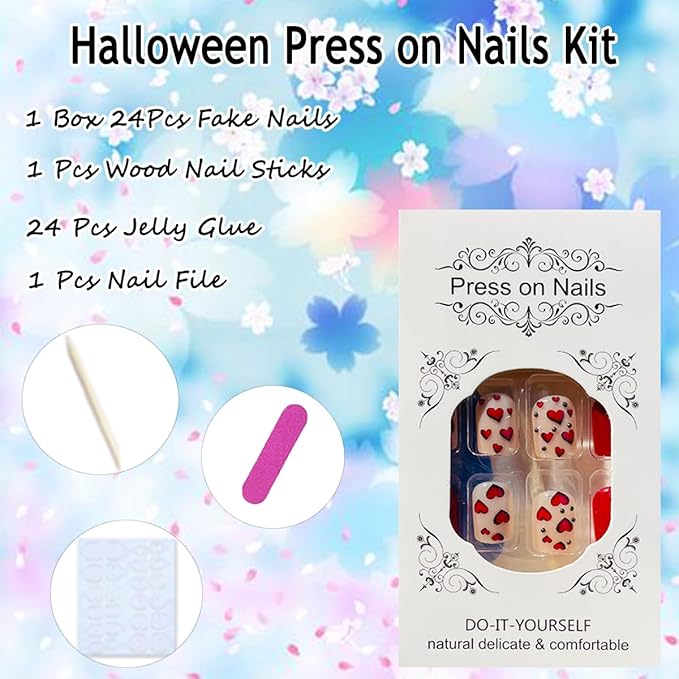 24Pcs Valentines Day Red Heart Press on Nails Short Square Fake Nails with Rhinestones Glossy Designs Artificial Valentines Nails Decoration Full Cover Glue on Nails for Women Acrylic Manicure Salon