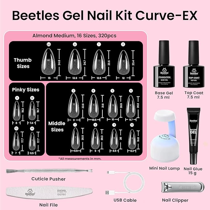 Beetles Gel Nail Kit Curve-EX, Almond Medium, 320pcs 16 Sizes Nail tips, with 15g Nail Glue Gel Hands-Free, 7.5ml Base Gel & Top Coat, Mini Lamp, for Acrylic Press On Nail, Extension DIY Set at Home