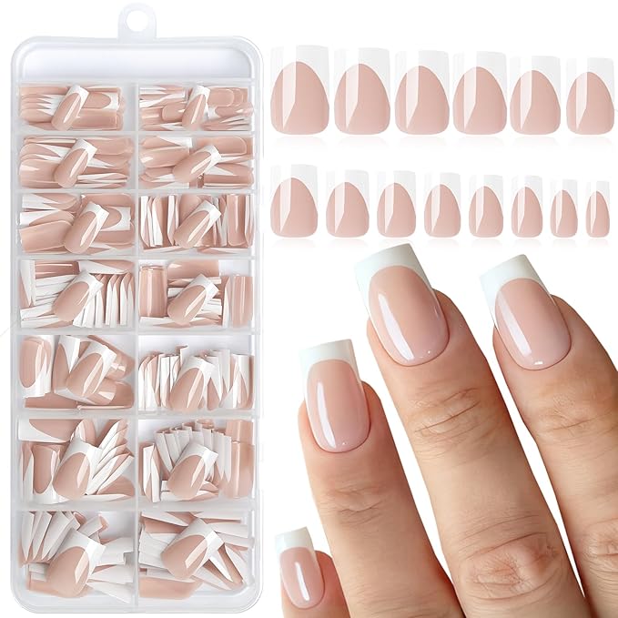 280pc French Tips Press on Nails Medium Square Fake Nail with Glue Tabs, French Tips Glue on Nails Press on Nail Square Acrylic Nails Medium Artificial Fingernails Women Girls Beige False Nails