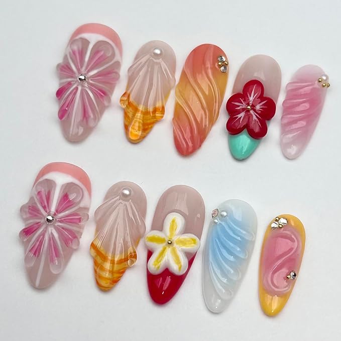 Luxury Press on Nails Medium Almond Handmade 3D Unique Reusable ABS Material Fake Nails Pink Grapefruit False Nails with Designs Red Flower Shell Art Petal Glossy Glue on Nails Thick Acrylic Nails(S)