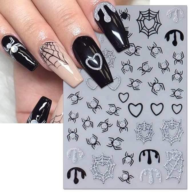 Halloween Nail Art Stickers, Slivery Nail Decals, 3D Self-Adhesive Design for DIY Nail Supplies Decoration (6 Sheets)