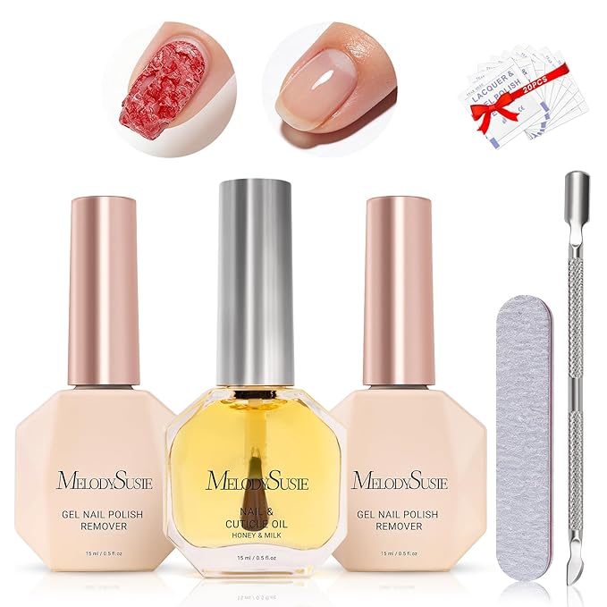 MelodySusie 2Pcs Gel Nail Polish Remover with Cuticle Oil, No Need to Wrap and Soak, Remove Gel Polish in 2-5 Minutes at Home No Damage to Nails with Cuticle Pusher Tool Nail File Wipes