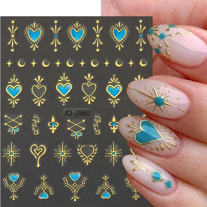 6 Sheets Sun Star Nail Stickers for Nail Art 3D Gold Silver Heart Nail Art Stickers with Sun Star Moon Self-Adhesive Design Nail Art Supplies Chrome Nail Decals for Women Acrylic Manicure Decorations