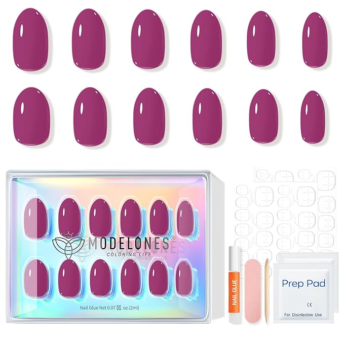 modelones Plum Short Press on Nails, Oval Fake Nails Kit Press Ons with Nail Glue, Adhesive Tabs, Nail File, Prep Pad, Manicure Stick, 32Pcs 16 Sizes, Spring Women Girl Gift