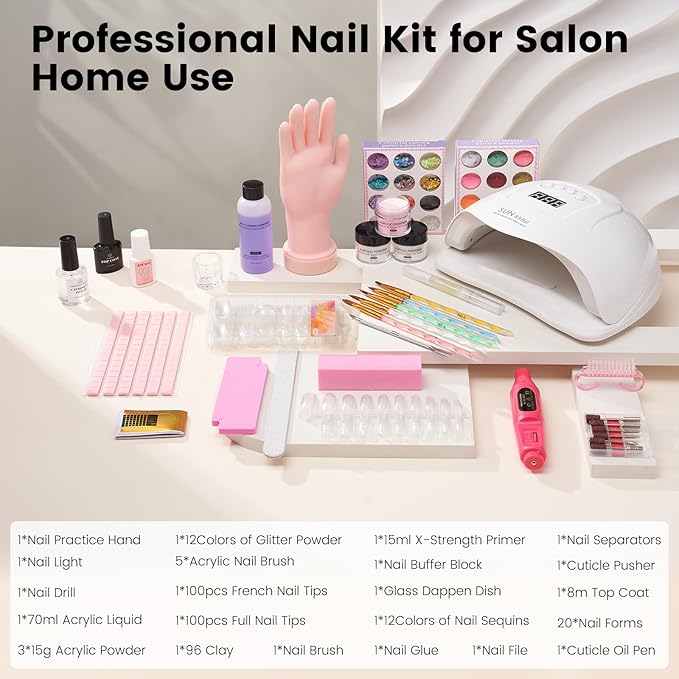 Acrylic Nail Kit for Beginners: Monomer Acrylic Nail Liquid Powder with Practice Hand U V Light Drill French Tips for Nail Starters with Everything Home Salon Gift Set (White)