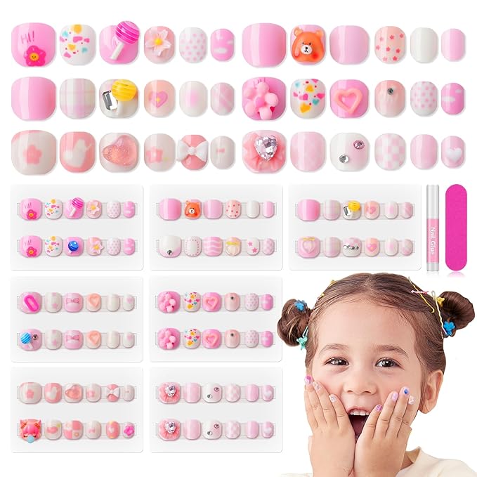 SAVILAND 3D Press on Nails for Kids: 7 Pack Kids Press on Nails for 5-9 Years Pre Glue Full Cover Short Kid Fake Nails Stick On Children Artificial False Nail Tips Fingernails Christmas Gifts for Kid
