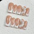 White French Tip Handmade Press on Nails Medium Square Fake Nails Muti-Layer Gel False Nails with 3D Flower Rhinestones Designs Thick Acrylic Nails Full Cover Stick on Nail for Women Nail DIY (Size S)
