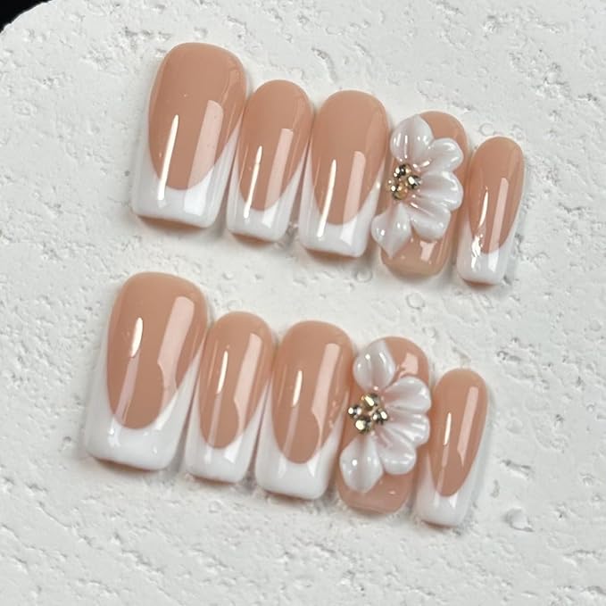 White French Tip Handmade Press on Nails Medium Square Fake Nails Muti-Layer Gel False Nails with 3D Flower Rhinestones Designs Thick Acrylic Nails Full Cover Stick on Nail for Women Nail DIY (Size S)