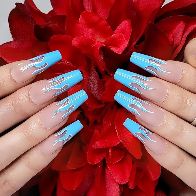Hypnaughty 24 Pcs Blue Wildfire Fire Flames Extra Long Coffin Press On Nails with Design and Glue XL Nude Pink Nails with French Fire Flames (Blue Wildfire Extra Long)