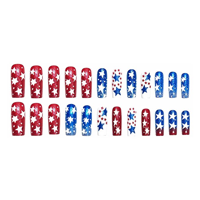 MISUD Press on Nails - Long Square Fake Nails with Red Blue Star, Acrylic 4th of July Design 24 pcs
