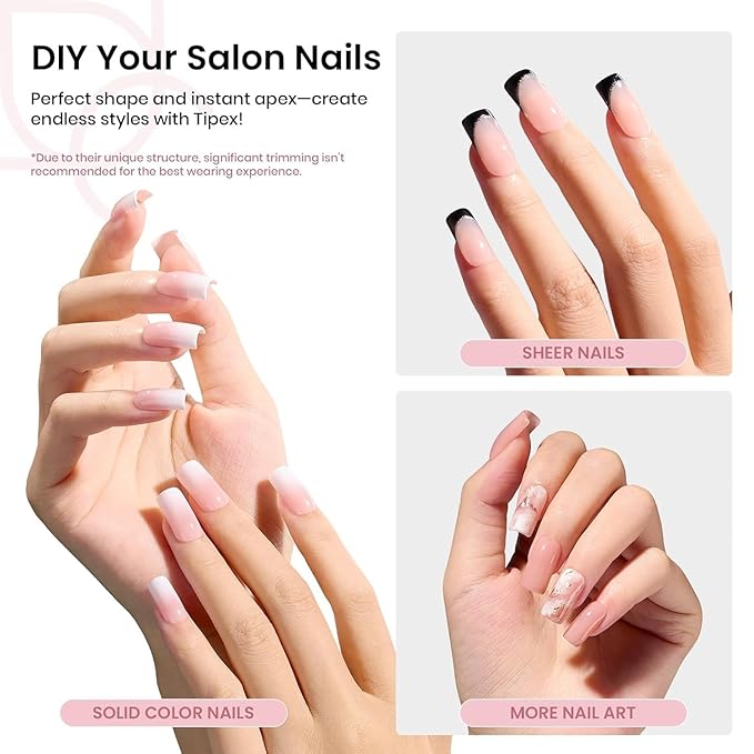 Beetles Tipex Instant Apex Nail Tips Square Short 16 Sizes 192 Pcs Pre-Etched Pre-Building Strong Thick Acrylic Tips