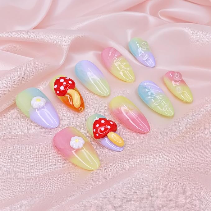Handmade Press on Nails Almond False Nails Colorful Gradient False Nails with 3D Mushroom Daisy Designs Cute Medium Fake Nails Thick and Muti-Layer Gel Acrylic Nails for Women (Size S)