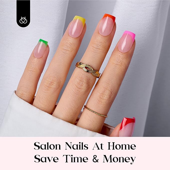 Beetles Summer Press On Nails 210 Pcs 7 Colors, French Tip Nails Short Square Classic Fake Nail Tips, Rainbow Soft Gel Nails False Nails Art DIY For Women