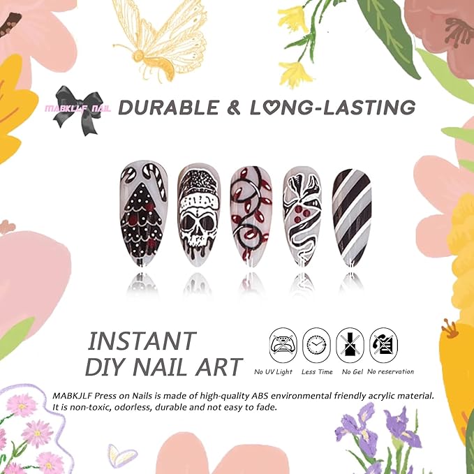 Christmas Press on Nails Medium Almond MABKJLF Fake Nails False Nails with Snowflake Snowman Skull Stripes Designs Glossy Glue on Nail Winter Full Cover Acrylic Nails for Women Girls 24Pcs