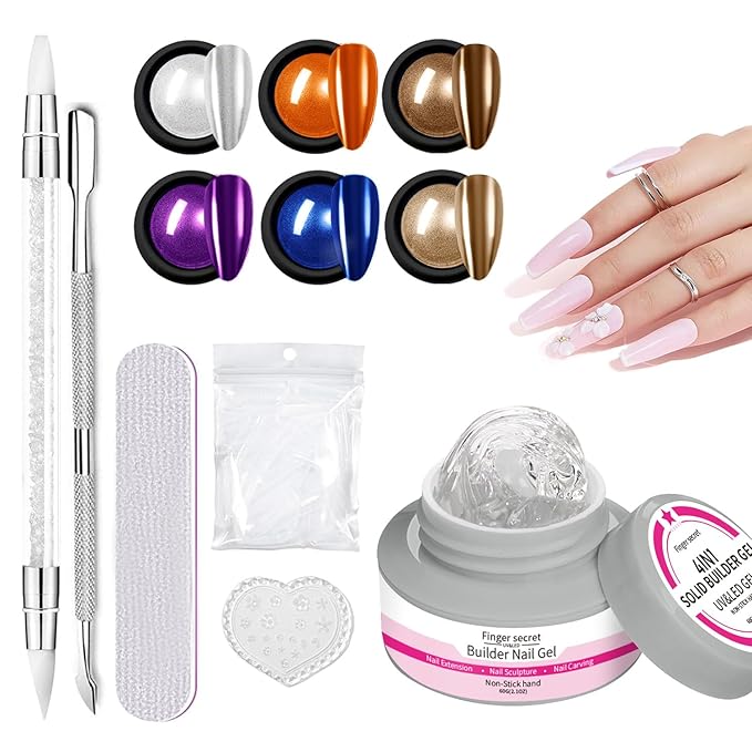 Solid Builder Gel for Nails, 60g Clear Hard Gel for Nails Non-Sticky Hand 3D Sculpting Gels Carving Nail Extension Nail Art Salon Home with Chrome Powder Nail Tools