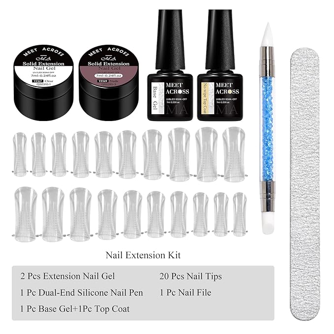 MEET ACROSS All-in-One Extension Mini Kit 2×7ml Non-Sticky Builder Gel Starter Kit WIth Base & Top Coat/Dual-Silicone Pen/Pro File/20-Pc Reusable Dual Forms Salon-Grade Extensions (Clear+Nude)