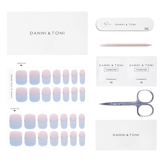 DANNI & TONI Semi Cured Gel Nail Strips Blue-Pink Ombre (Lunar Haze) French Gel Nail Wraps 28 Stickers Gift for Woman