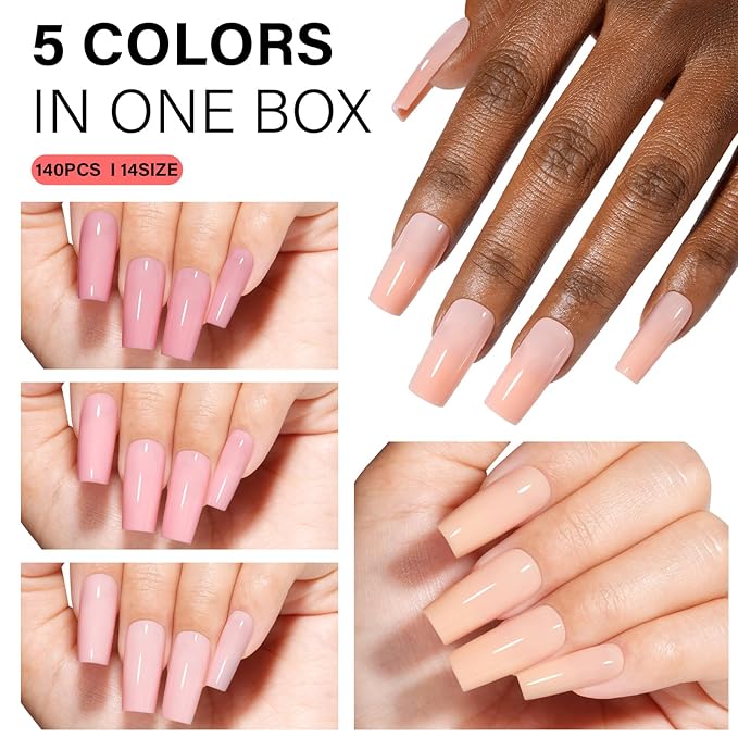 AILLSA RealFit Nude Pink Press On Nails Medium Square - Pre-Shaped 4 in 1 False Nails Set, Long-Lasting Nail Extensions for Salon Home DIY Gifts 140 PCS