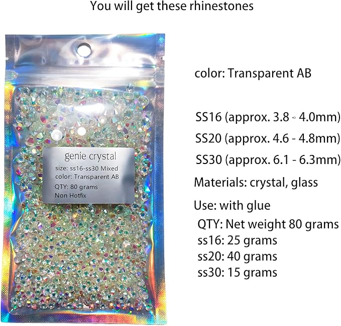 Genie Crystal 4,5,6.4 mm Mixed Size Transparent AB Flatback Rhinestones 80 Grams, ss16,ss20,ss30 Unfoiled Aurora Borealis Glass Rhinestone for Tumbler, Shoes, Makeup, Dance Costumes, Dress