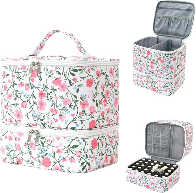 Nail Polish Organizer Aesthetic Nail Organizers and Storage, Bow Nail Supplies Kit Organizer Travel Carrying Case for Manicure Tools (Floral F, 2 Layer)