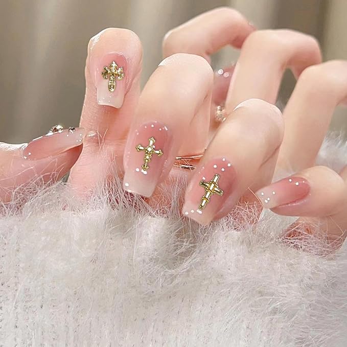3D Alloy Metal Crystal Cross Nail Charms - 60 Pcs Ideal for Women and Girls' DIY Punk Nail Art, with Rhinestones, Great for Salons & Fashion Events (60, Golden)
