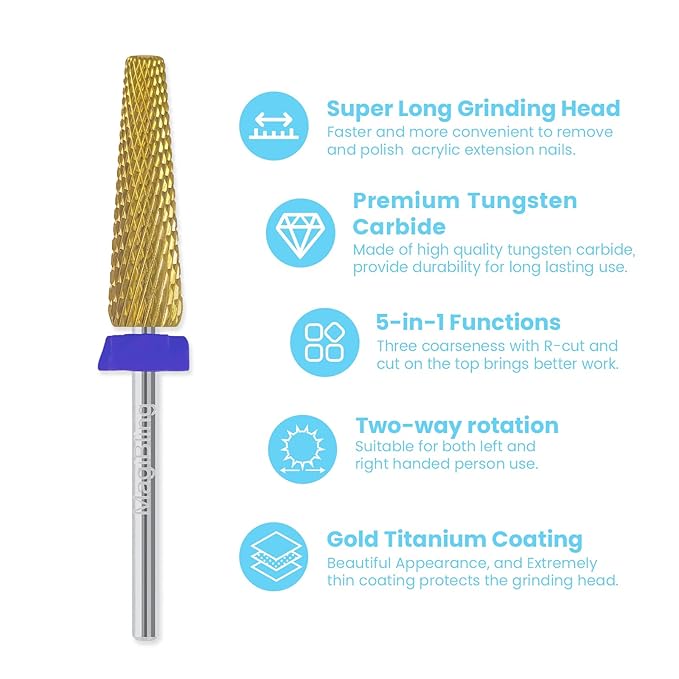 24mm Super Long 5-in-1 Tapered Barrel Nail Drill Bit, 3/32'' Tungsten Carbide E-File Bit for Fast Gel Removal & Long Nail Shaping, Two-Way Rotation Safety Bit for Acrylic Extensions, Medium
