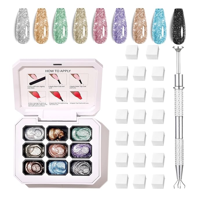 9 Colors Set Ombre Pat Gel Nail Polish,Pat Painting Gradient Blooming GelS Polish Palette with 20Pcs Nail Sponges for 3d Gel Nail Art can be Painted in Salon or Home Use (L0)