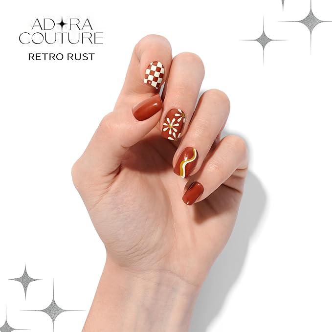 Semi Cured Gel Nail Strips with 30 Pieces - UV Gel Stickers, Manicure Kit, Easy Application Wraps Includes Prep Pads, Nail File, Wooden Stick - UV Light Required (Retro Rust)