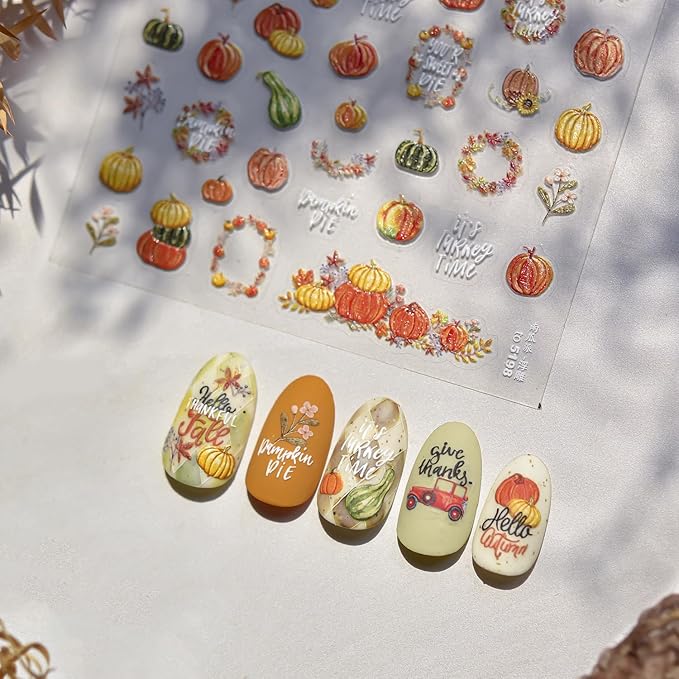 Pumpkin Nail Stickers Fall 3D Self-Adhesive Garland Nail Art Stickers Flower Nail Decals 5D Embossed Green Pumpkin Nails Designs Thanksgiving Nail Sticker for Women Girls Manicure 1 Sheet