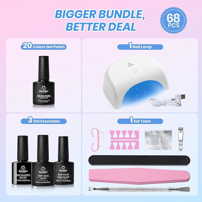 Beetles Deal Box Gel Nail Polish Kit with U V Light - 20 Colors Gel Polish 40 Pcs All-In-1 Nail Kit with TPO & HEMA Free Base and Top Coat DIY Nails Supplies Home Salon Manicure Set Gifts for Women