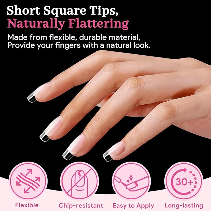 Short Square Fake Nail Tips - 15 Sizes 240 PCS Clear French Half Matte Press On False Nail Tips Pre-shaped Full Cover Gel Nail Tips Extensions Thick Long Lasting for DIY Beginners& Salon Manicure