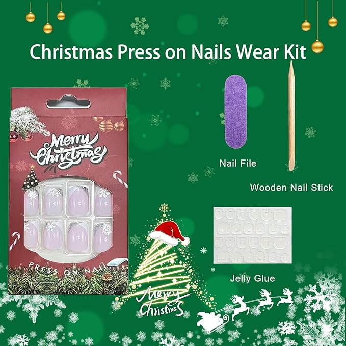 Christmas Press on Nails Medium Square Fake Nail with White Snowflake Designs White Silver French Tip Xmas False Nails Pink Full Cover Winter Stick on Nail for Women 24 Pcs