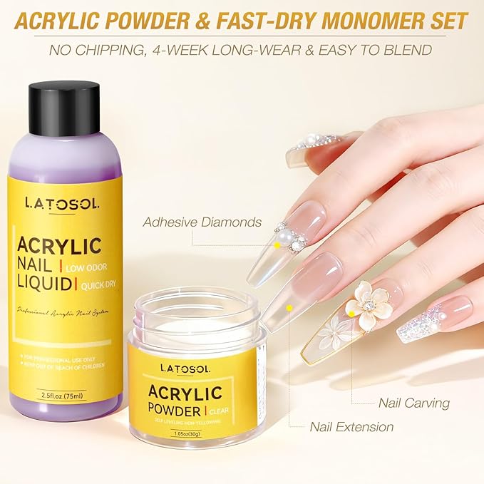 Clear Acrylic Nail Kit - Quick Dry Long Lasting Acrylic Powder & Liquid Set with Kolinsky Brush, Nail Forms for Home DIY & Salon Professional Use