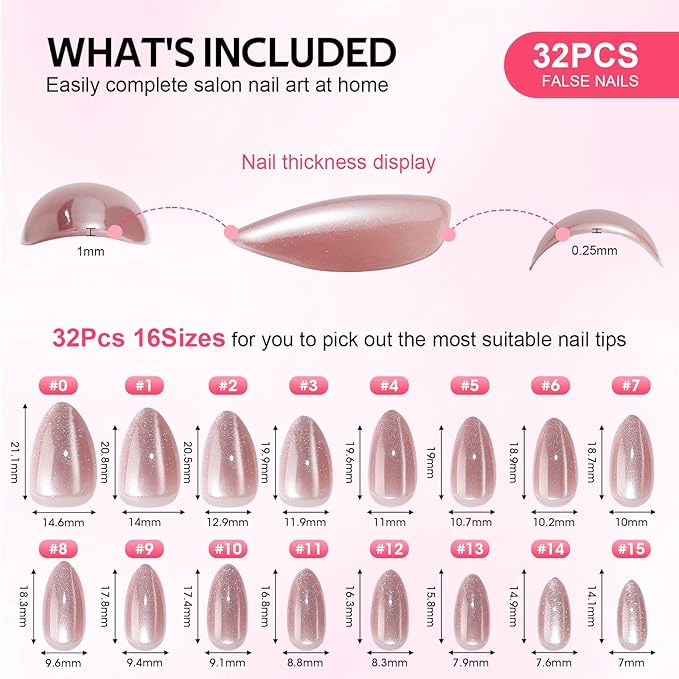 Press On Nails Almond Short - Findigit Opaque Fake Nails On With Nail Glue, False Nails, Natural Fit Reusable Stick On Nail| Salon Quality | 16 Sizes - 32 Nails