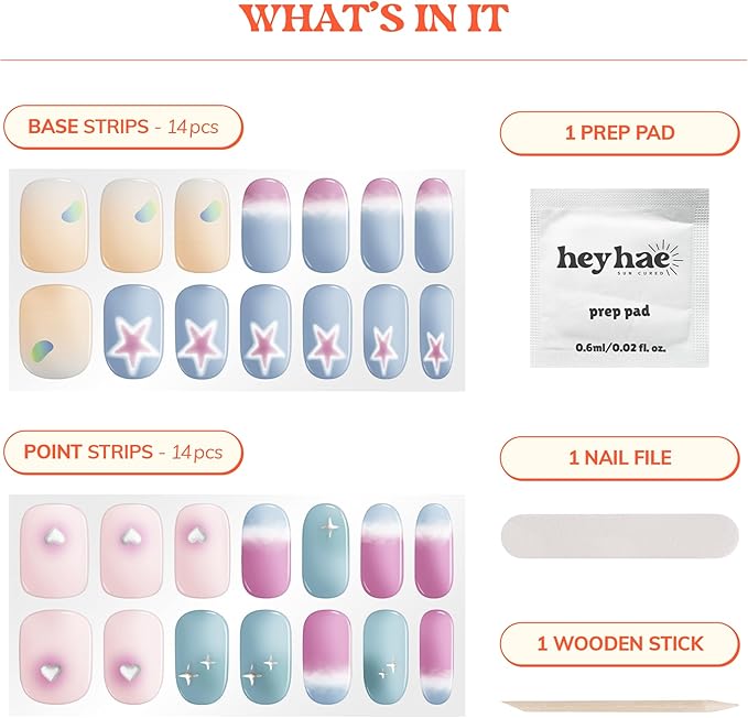 Heyhae Semi Cured Gel Nail Strips | No LED Lamp Needed | Marble, Spring | Easy Apply & Remove, Salon Quality | Includes 28 Strips, 1 Prep Pads, Nail File & Wooden Stick - Hey, Love Your Energy