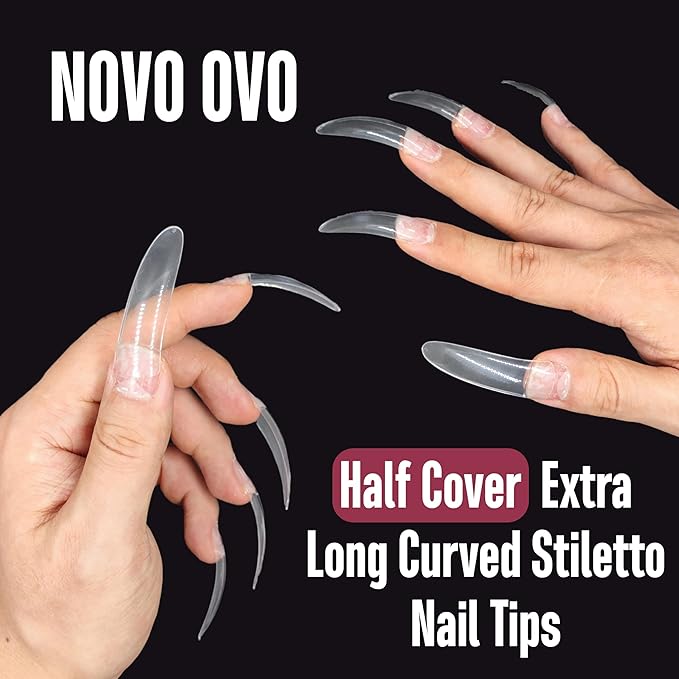 NOVO OVO Halloween 500 pcs Half Cover Extra Long Hawk Curved Stiletto/Almond Nail Tips, XXL 2XL Sharp False Nails for Acrylic, Clear QUEEN STILETTO CURVE Eagle Claw Gel Extension x 10 Sizes in Bag