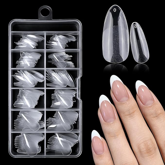 AddFavor 240pcs Almond Nail Tips Clear Full Cover Medium Length Short Almond Fake Nails Acrylic Gel Nail Tips for Salon and Home Nail Art Manicure 12 Sizes