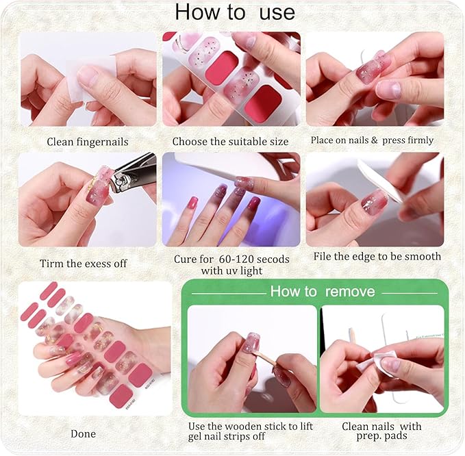 WOKOTO 1 Sheets Butterfly & Cat Eye Design Semi Cured Gel Nail Strips With Nail File & Wooden Stick For Women, 20 Tips Semi Cured Gel Nails Polish Stickers Strips UV Full Nail Wraps Stick On Nails
