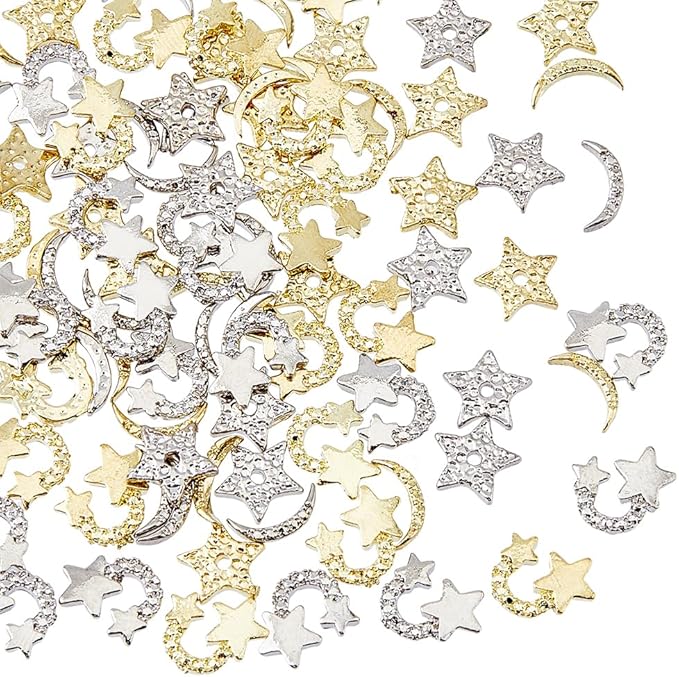 120Pcs 6 Style Alloy Rhinestone Cabochons Platinum/Light Gold Nail Art Decoration Accessories Stars Moon Nail Rhinestones 3D Nail Art Charms for Beautifulr Nail Art Making