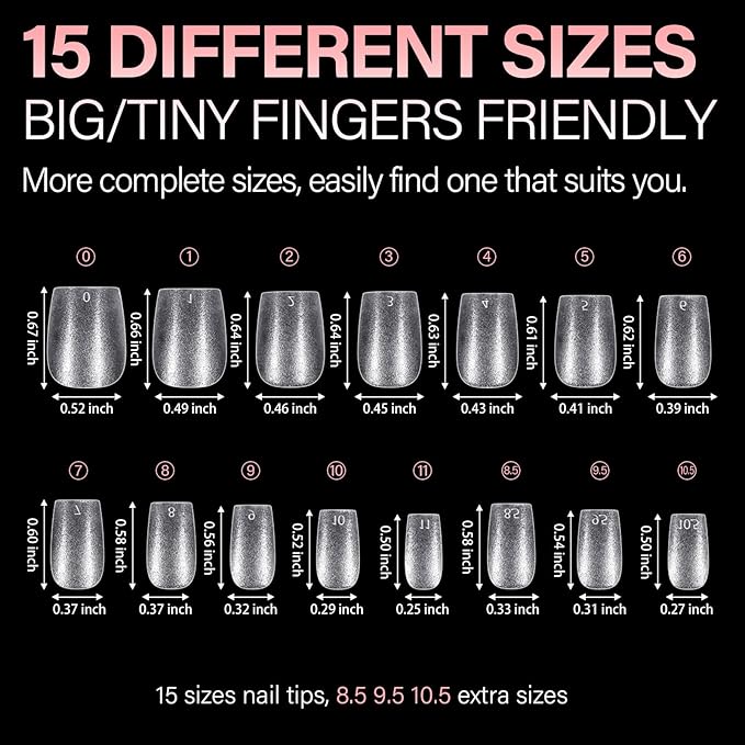 AILLSA Extra Short Coffin Nail Tips 450PCS Full Cover Acrylic Gel Clear Nail Tips Double-sided Matte Pre-Shaped Press on False Nail Tips for Nail Extension Fake Nails Manicure 15 Sizes