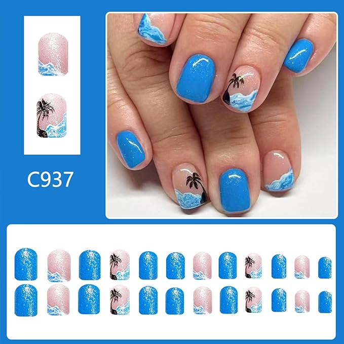 Blue French Tip Press on Nails Short Square Fake Nails with Designs Ocean Sea Waves Glue on Nails Coconut Tree Acrylic Nails Summer Artificial Nails Glitter Full Cover Stick on Nails for Women