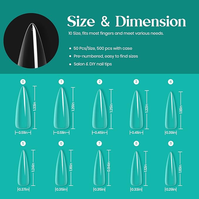 Beetles Gel Nail Tips Clear, Stiletto Medium, 500Pcs 10 Sizes, Pre-Shaped Full Cover Soft Acrylic False Press On Nail Tips Stiletto Shape Easy DIY Fall Nail Extension Salon Gift for Women