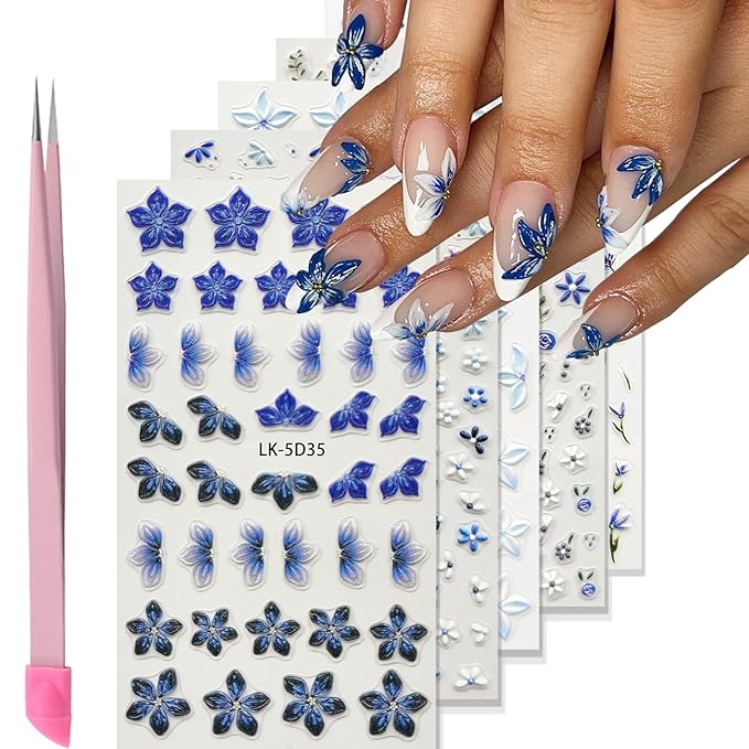 Flower Nail Art Stickers 5D Embossed Flower Nail Decals Spring Summer Blue Flowers Nails Design 3D Self-Adhesive Accessories for Women Nails DIY Decoration(5 Sheets)