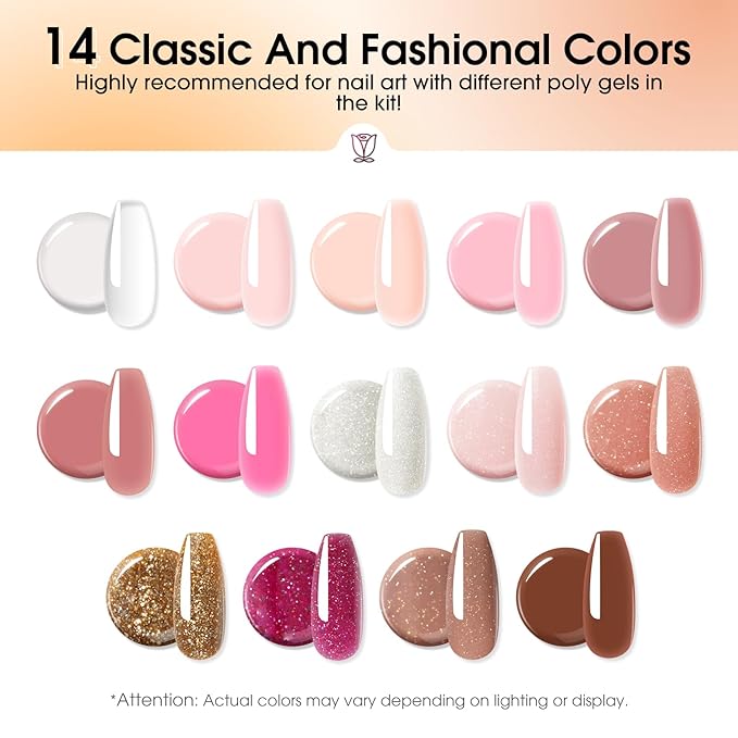 Poly Nail Gel Kit with Drill 14 Colors + 75 Nail Art Accessories Kit,ROSALIND Clear Pink Nude Glitter Poly Nail Gel with Big UV Light 48W and Electric Nail Drill Starter Kit